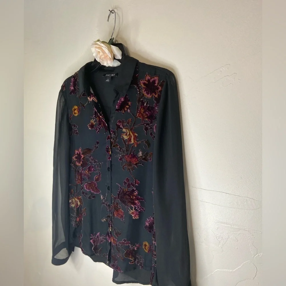 Roz & Ali~Sheer Black Fabric~Crushed Velvet Floral Design~Long Sleeves~Size S - Picture 4 of 10